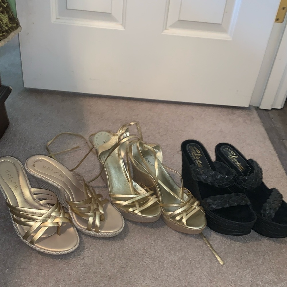 Lot of 3 fabulous wedge heels - 2 gold - 1 black
